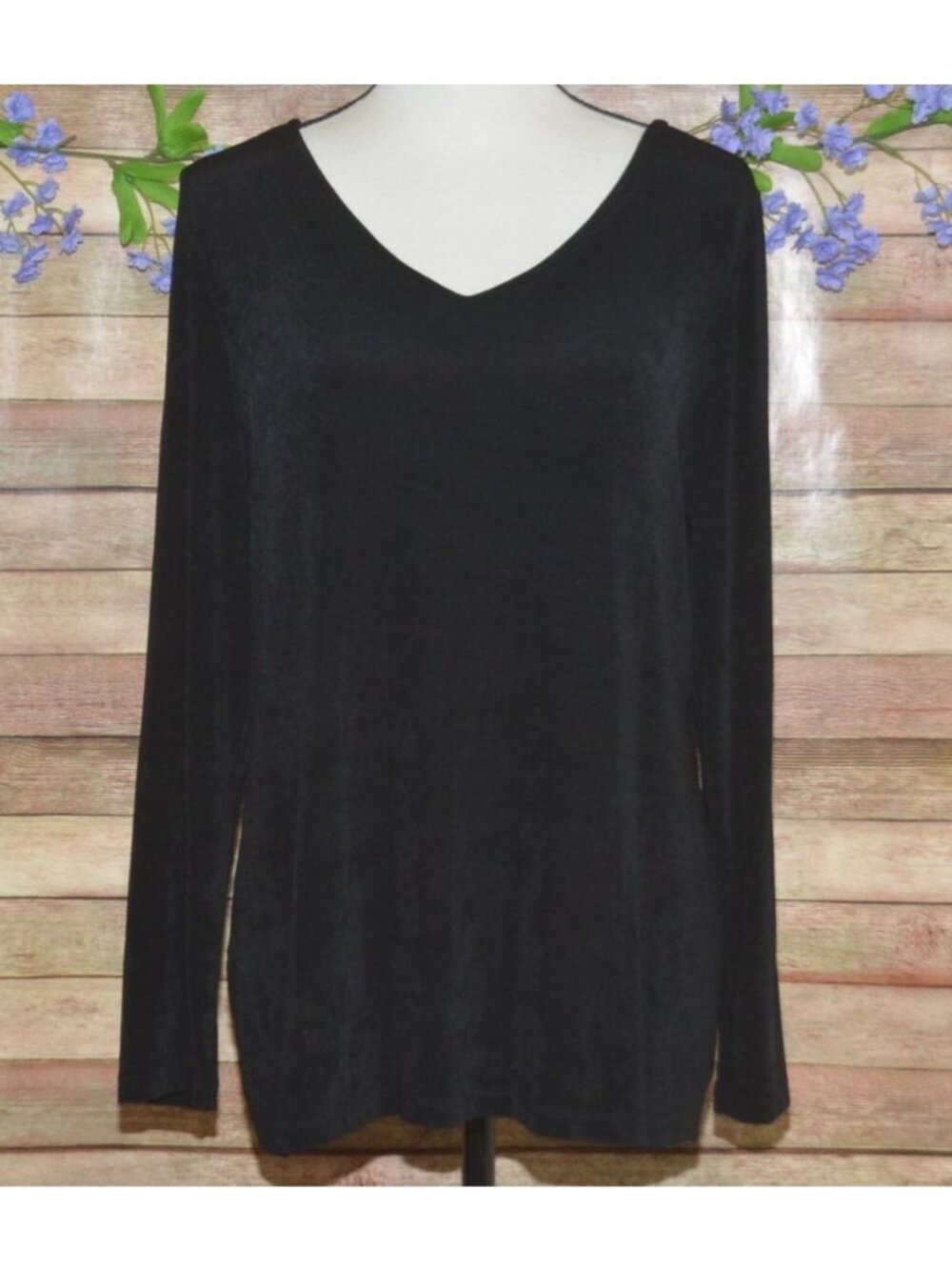 Travelers Chico's 2 Long Sleeve Slinky Black Top Shirt L 12 V-Neck Cutout Back